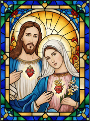 Sacred Heart of Jesus and Immaculate Heart of Mary Stained Glass Style Christian Vector Illustration