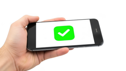 Hand holding smartphone with green check mark