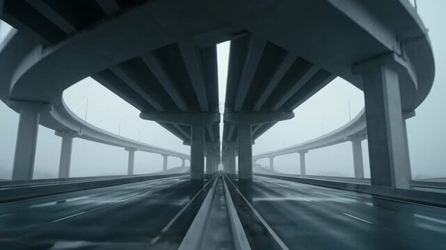 Highway Intersection: An awe-inspiring view of a colossal highway interchange, its concrete pillars and curved overpasses creating a mesmerizing pattern against a moody sky.