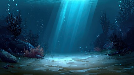 Undersea coral silhouettes with bubbles sandy seabed 2d background environment