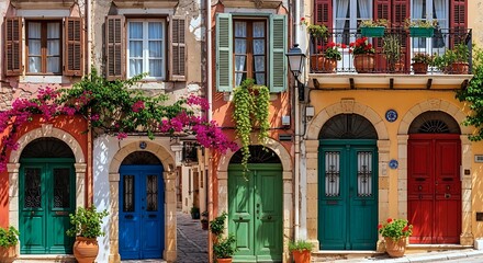 Vibrant facades of historic buildings line a charming street, adorned with colorful doors, windows, and blooming bougainvillea, creating a picturesque European scene.