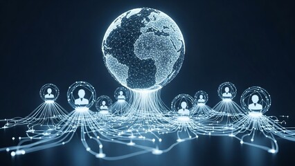 Dynamic digital network illustrating global interconnectedness, with illuminated user avatars forming a worldwide community and information exchange system