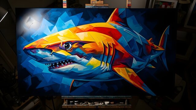 Vibrant Shark Artwork Displayed in a Dark Room with Spotlight