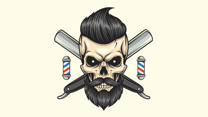 Stylish barbershop logo features a bearded skull with a modern hairstyle positioned between crossed straight razors and classic barber poles.