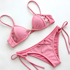 Pink Bikini Swimwear Set with Straps Isolated on White Background.