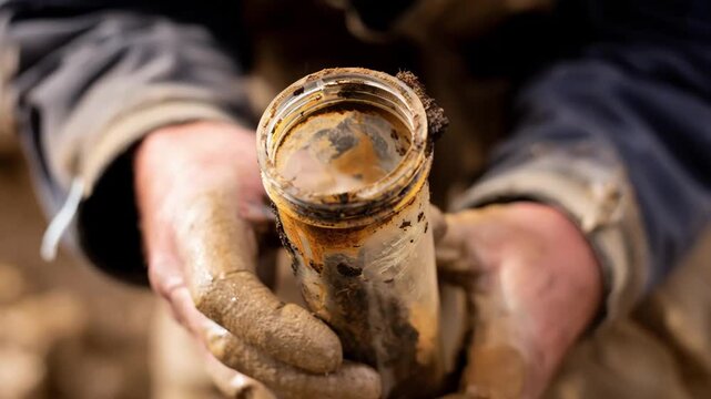 Medium shot of a worker inspecting thick sludge and grease buildup inside a transparent pipe section highlighting the environmental impact of poor septic maintenance.