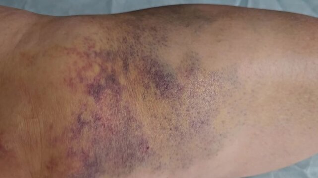 Bruising on the thigh observed after a fall in a hospital setting