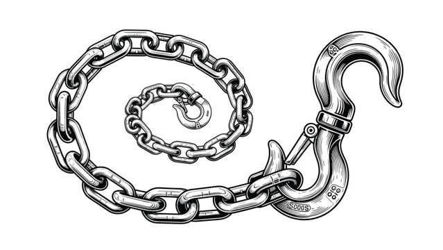 Detailed black and white engraving style illustration shows a heavy metal chain coiled with a large industrial safety hook at the end.