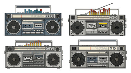 Obraz premium Set of four classic portable radio cassette players or boomboxes from the eighties era shown with colorful graphic equalizers and antenna.