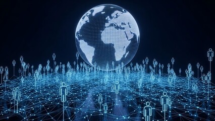 Abstract visualization of global interconnectedness, illustrating a digital network linking people across the world through advanced technology