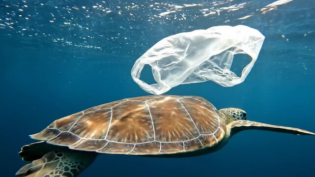 Ocean Turtle and Trash: a poignant portrayal of a sea turtle encountering a floating plastic bag underwater.