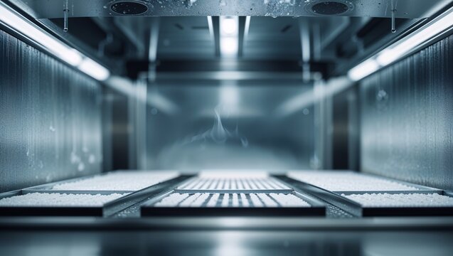 frosted stainless steel chamber interior with trays for industrial processing