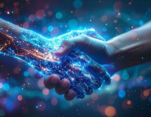 Futuristic handshake symbolizing digital connection and technology partnership