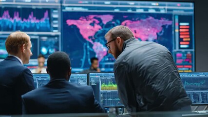 Medium shot of a cybersecurity crime unit analyzing complex data patterns on multiple screens to track digital fraud activities in a secure office environment. - Powered by Adobe