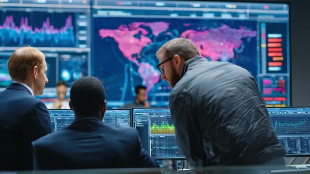 Medium shot of a cybersecurity crime unit analyzing complex data patterns on multiple screens to track digital fraud activities in a secure office environment.