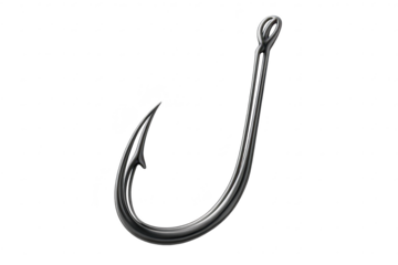 Fishing hook sharp on transparent background, shiny metallic lure bait.