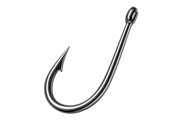 Shiny metal fishing hook on a transparent background, close-up view.