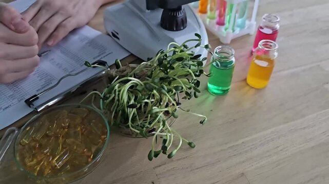 Exploring different supplements and herbal remedies on a wooden table in a well-lit room