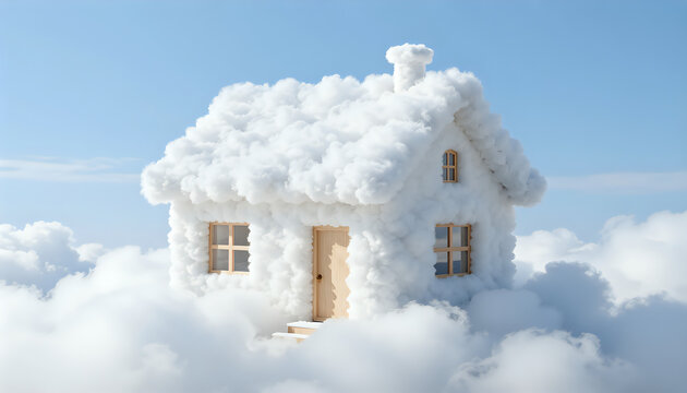 Cloud house floating in blue sky surreal dreamy illustration