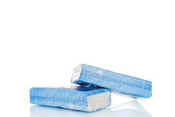 Packaging of paper nasal tissues, isolated on white background, close-up.