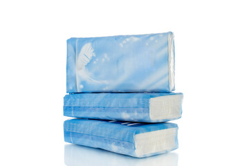 Packaging of paper nasal tissues, isolated on white background, close-up.