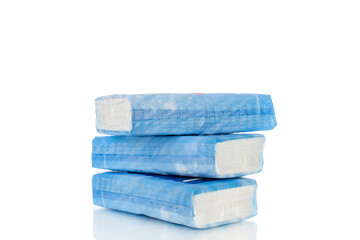Packaging of paper nasal tissues, isolated on white background, close-up.