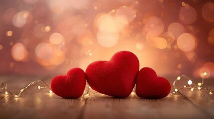 Romantic Red Hearts Still Life with Fairy Lights and Bokeh Background