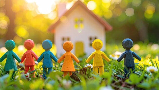 Tiny, colorful clay figures holding hands in front of a miniature house in a sunny garden - Powered by Adobe