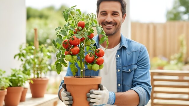 Man holding a pot of tomatoes in a garden
