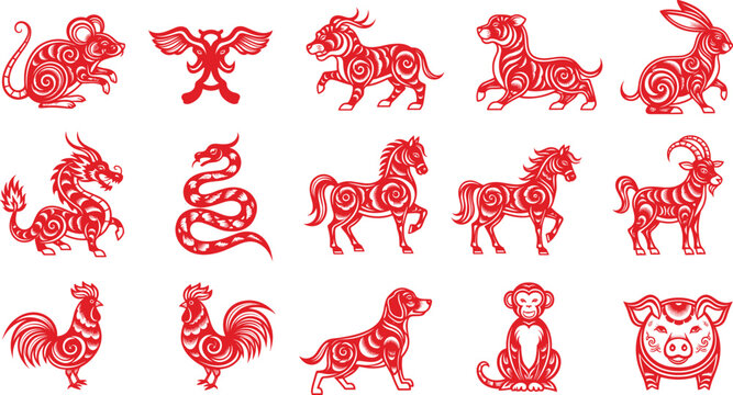 Vector illustration set of traditional red Chinese zodiac animals in paper cut style featuring the rat ox tiger rabbit dragon snake and horse.