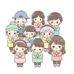 Children holding candles in a group gathering together in illustration form