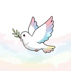 Colorful dove flies with olive branch in beak across cloudy sky