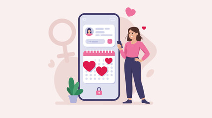 Confident woman holding a smartphone that shows a detailed menstrual period tracking application interface