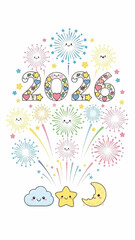 Colorful fireworks explode around smiling star, moon, and cloud for 2026 celebration