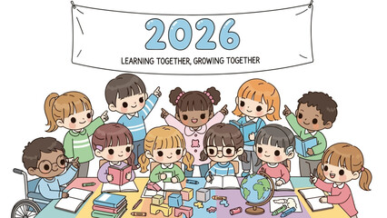 Children learning together in classroom with globe and books happily in 2026