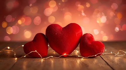 Romantic Red Hearts Still Life with Fairy Lights and Bokeh Background