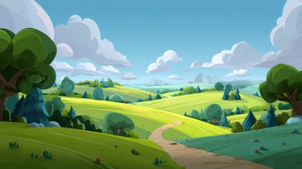 Kid-friendly park meadow 2d background rolling hills vibrant nature scene