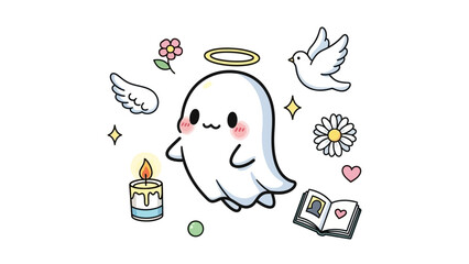 Cute ghost character surrounded by dove, candle, flowers and book in air