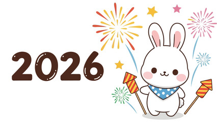 A cute white rabbit celebrates 2026 with firecrackers and fireworks outdoors.
