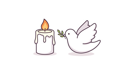 A white dove holds an olive branch near a lit candle peacefully.