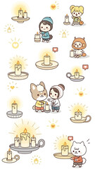 Whimsical scene of cute cartoon characters enjoying tea and candles together outside