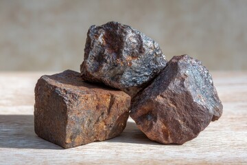 Fototapeta premium Rocks of various shapes and sizes arranged on a wooden surface in natural light during the day