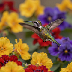 Fototapeta premium Stunning floral art featuring a hummingbird flying amidst spring blossoms and summer greenery