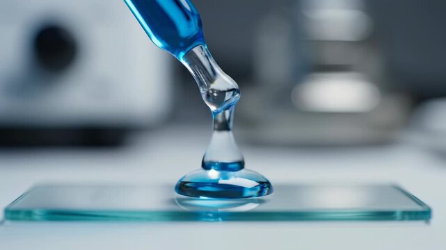Precise Drop: Capturing the essence of scientific precision, a vivid blue liquid delicately cascades from a pipette, forming a perfect droplet on a glass slide.
