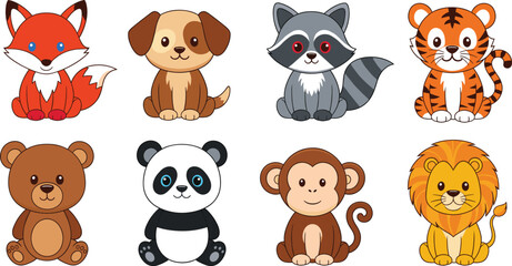 Vector illustration set of cute cartoon baby animals sitting including a fox dog raccoon tiger bear panda monkey and lion characters. © MdShakil