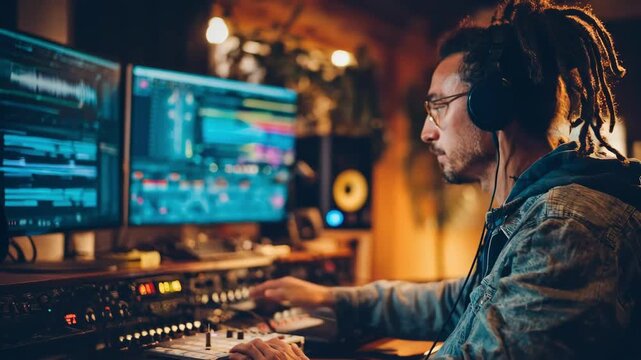Side view medium shot of a music producer finetuning audio levels and mastering effects on a computer screen in a modern studio.