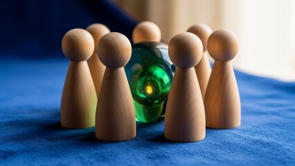 Wooden Figures Surrounding Green Glass Object.