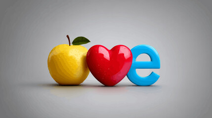 Obraz premium Healthy living concept with vibrant yellow apple, glossy red heart, and blue letter 'e' symbolizing health, love, and digital connection on a clean background.