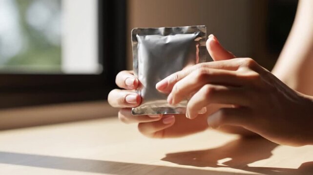 Close-up of a person's hands holding a small, sealed silver packet, possibly containing a food or cosmetic product.