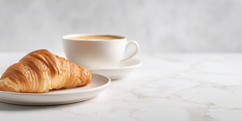 Freshly baked croissant on a plate with a cup of coffee. Simple and elegant breakfast or snack on a light background copy space banner